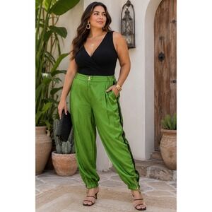 Anthropologie APlus Women's Size 18W Green Satin Track Pants Ankle Zip